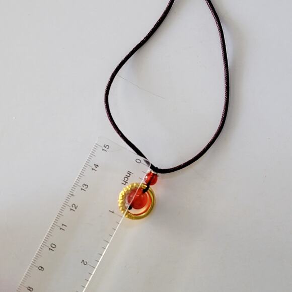 Handmade Red Bead Pendant Necklace Gold Accent Dark Brown Cord Adjustable Style - Picture 8 of 10